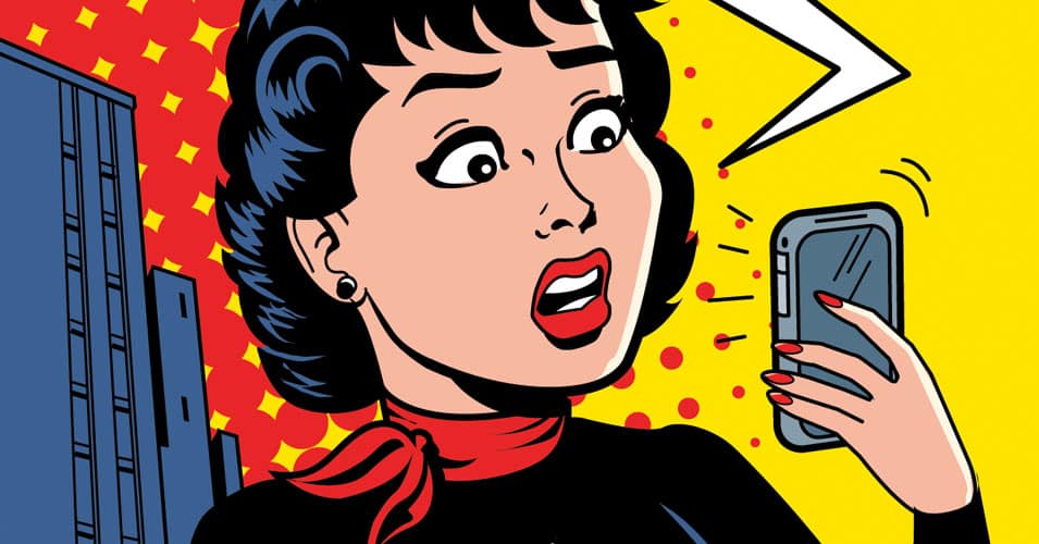 A comic book-style woman looks exasperated at her phone, much like a parent would were they to get a phone call from school about their child.